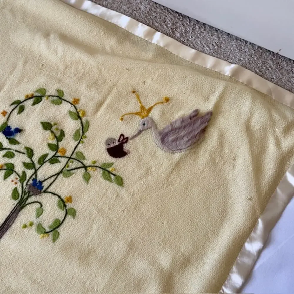 Vintage Embroidered Baby Blanket 33x51 Storybook Nursery Decor Heirloom